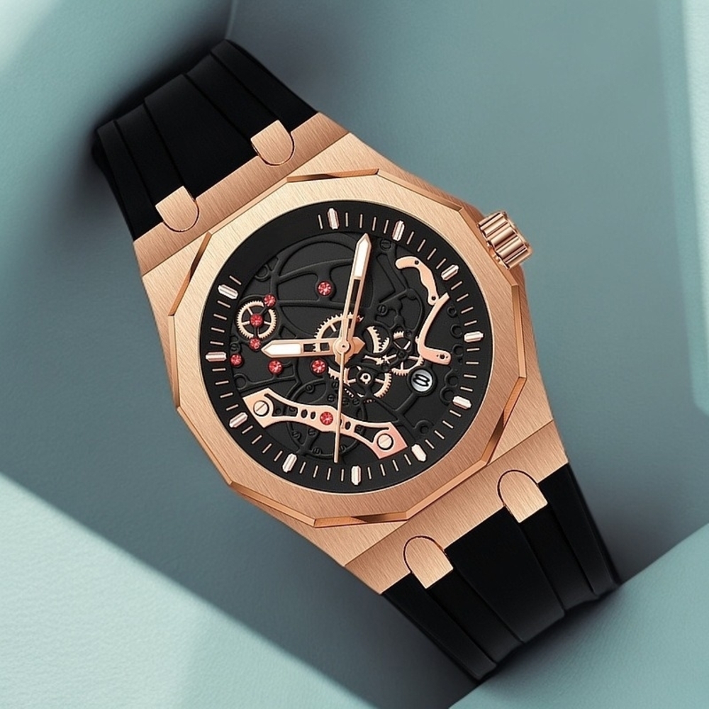 Rose Gold Skeleton Sport Watch with Black Strap
